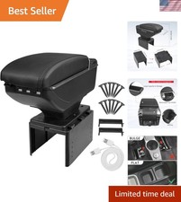 Car Armrest Box with Double Layer Storage, Black Leather and USB Charging Ports