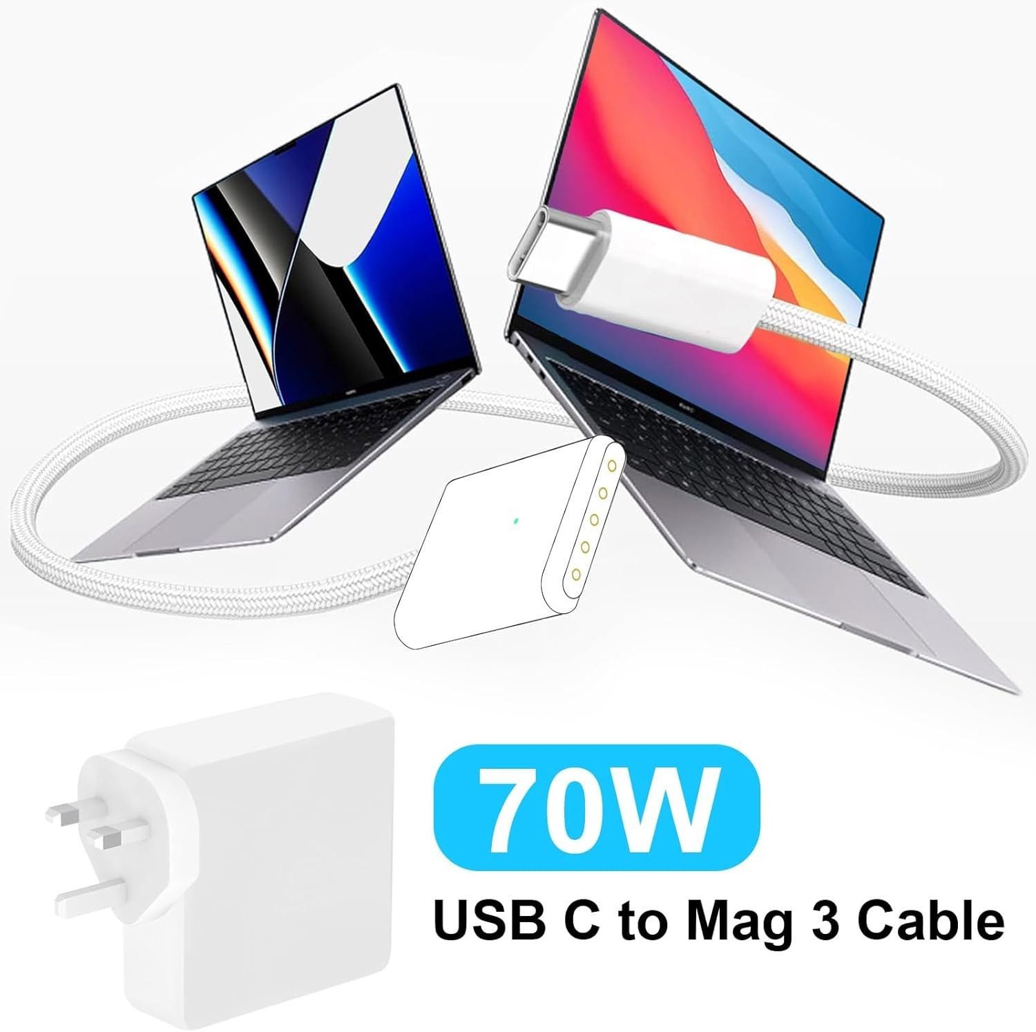 70W USB C MagSafe 3 MacBook Charger for Air Pro M5 M4 M3 M2 2M UK Plug