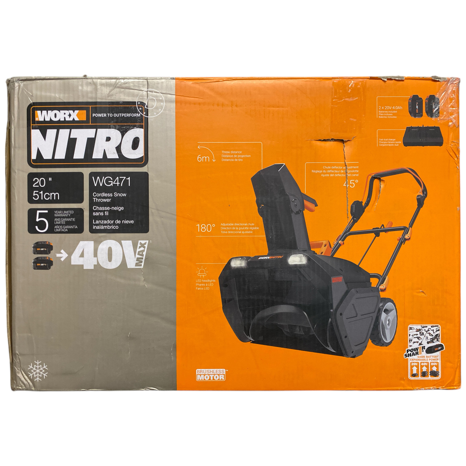 Аккумуляторный снегоуборщик Worx 40V Power Share мощностью 20 Вт с бесщеточным двигателем WG271 62490₽