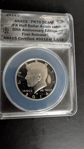 2014- P KENNEDY HALF DOLLAR ANACS PR70 50TH ANNIVERSARY  90% Silver.