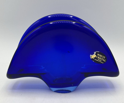 Cobalt Blue Glass Napkin Letter Holder HandMade In Italy 6'' x4.25'' White Cristal