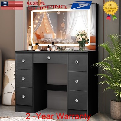 Large Makeup Vanity Table Set with LED Lighted Mirror &7 Drawers Dressing Table