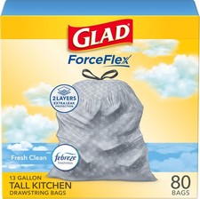 Glad ForceFlex Tall Kitchen Drawstring Trash Bags, 13 Gal, Fresh Clean, 80 Ct P