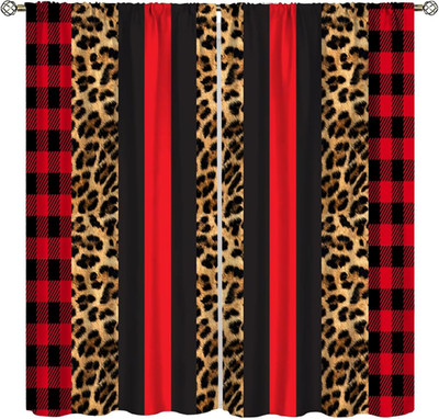Vintage Leopard Print Curtain，African Wild Animal Cheetah Skin Red Black Checker