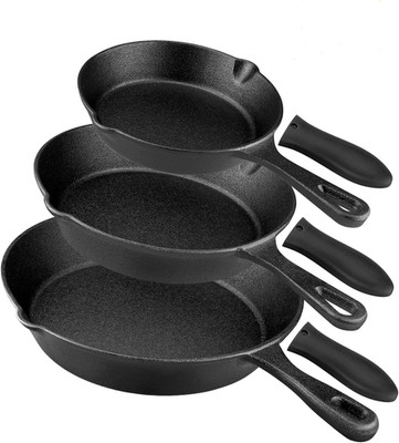 Cast Iron Skillet Set 3 Piece Pre Seasoned 6 8 10 Inch Silicone Handle Oven Safe
