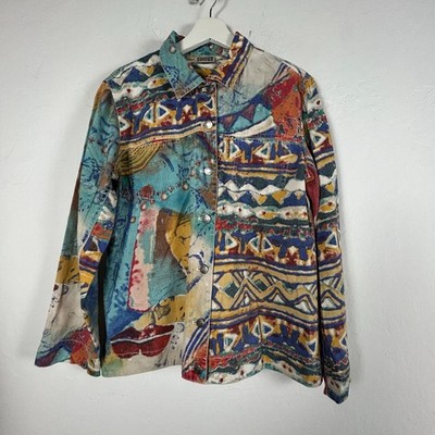 Chico's Womens Colorful Funky Linen-Cotton Abstract Expressionist Jacket Size 1