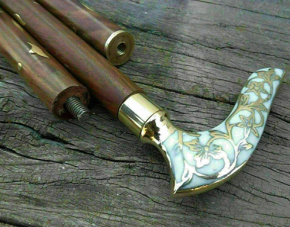 Brass Solid Head Handle Walking Stick Vintage Woo… - image 1
