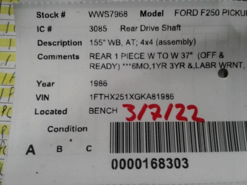 Rear Drive Shaft 155" Wb 4WD C6 Transmission Fits 86-92 FORD F250 PICKUP 1527666 Foto 4 de 4