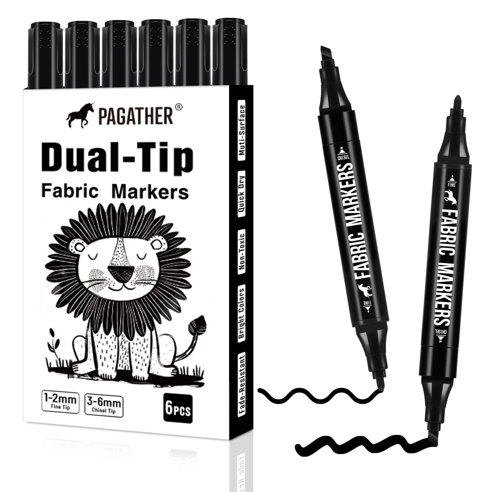 Fabric Markers Permanent for Clothes 6 Pack Black Dual Tip with Fine and Chis...