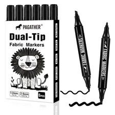 Fabric Markers Permanent for Clothes 6 Pack Black Dual Tip with Fine and Chis...