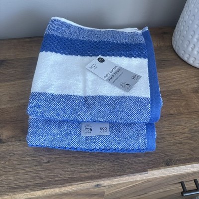 Neu 2er Set Marks & Spencer Reine Baumwolle Blau Gestreift Handtücher 500 GSM Neu mit Etikett