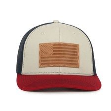Outdoor Cap American Flag Patch Trucker Hat Stone Navy and Cardinal, Mesh Back
