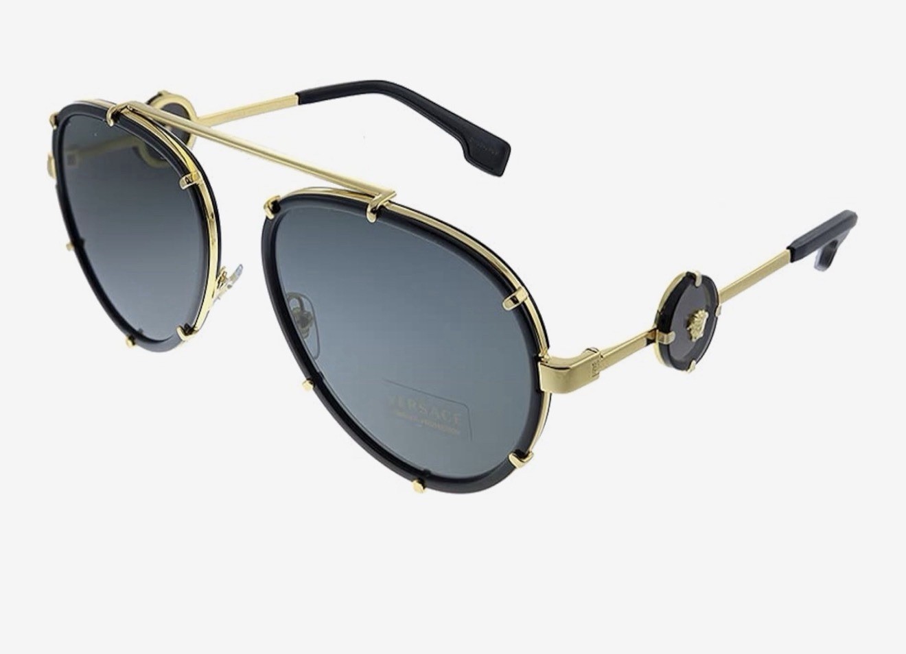 Versace Aviator Oversized Designer Black Gold Sunglasses Gray Tinted Lenses