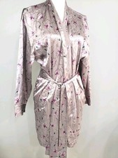 VICTORIA'S SECRET Satin Kimono Belted Robe Gray Floral One Size Sleepwear Lounge