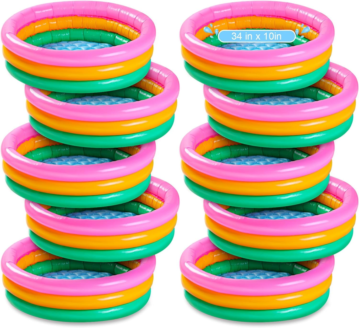 10 Pcs Sunset Glow 34x10 Inch 3-Ring Round Kiddie Pools for Babies