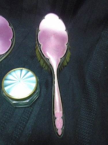 ANTIQUE BIRMINGHAM 1850 GUILLOCHE ENAMEL STERLING BRUSH & MIRROR VANITY SET - Picture 6 of 12