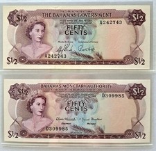 Bahamas 1965 & 1968 half dollar set. GEM UNC. P17a & P26a. Queen Elizabeth.