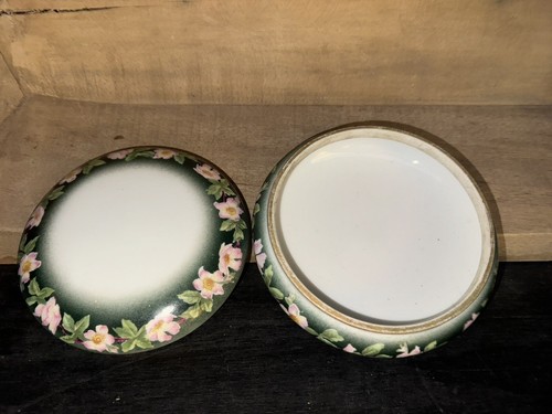 Antique T&V Limoges Porcelain Dresser Dish Bowl w/ Lid Hand Painted Green Floral - Picture 3 of 6
