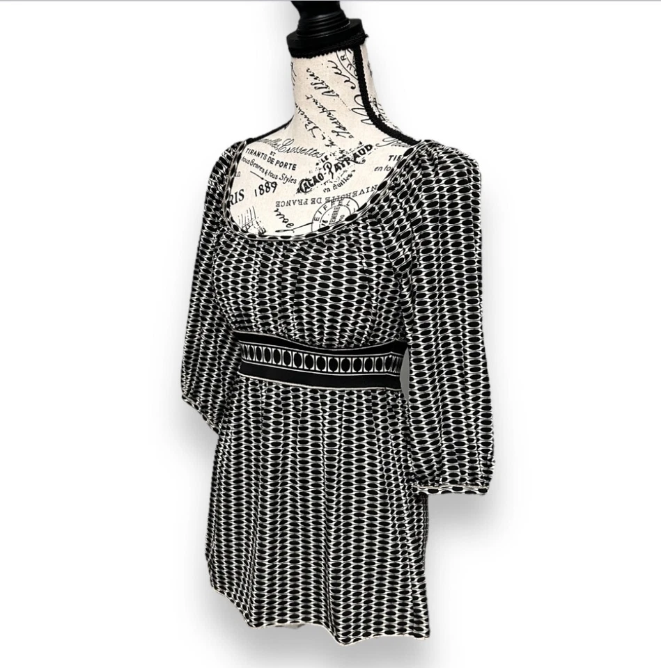 Top túnica Max Studio negro crema estampado geográfico cintura imperio boho retro Y2K para mujer S Foto 3 de 4