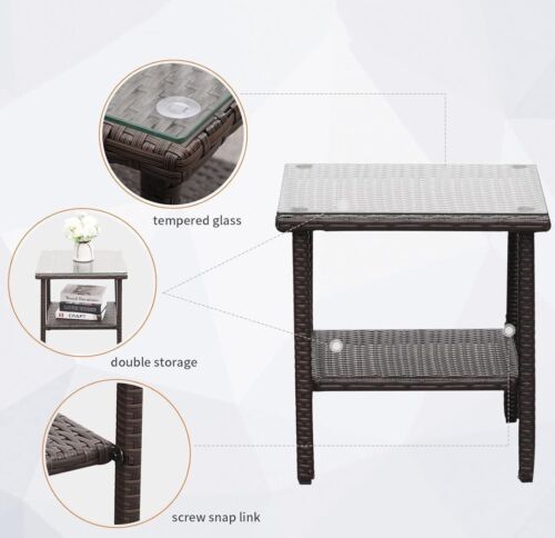 Outdoor Side Table, Square Patio Rattan Coffee Table with Glass Top Brown - Picture 2 of 6