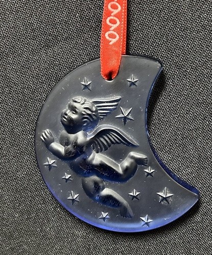 Lalique Francia 1999 Firmado Azul Media Luna Ángel Estrellas Adorno de Vidrio NUEVO - Imagen 3 de 6