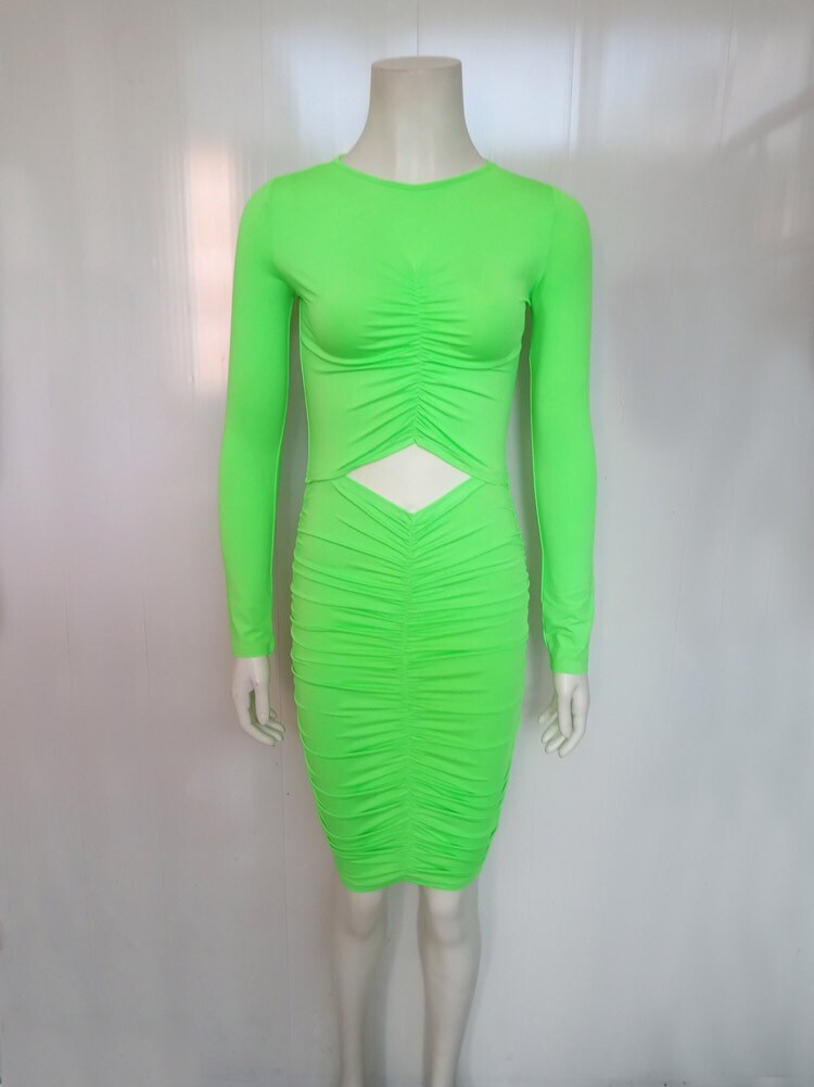 Womens Long Sleeve Sexy Ruched Hollow Out Casual Dress Midi Bodycon Sheath Dress
