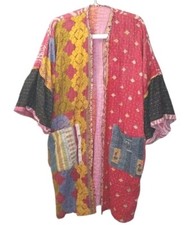 Kantha Patchwork Kimono Jacket Reversible Colorful Boho Patch Pockets O/S Nwt D