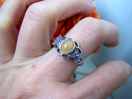 GORGEOUS MODERNIST SOLID STERLING SILVER FIRE OPAL & IOLITE RING SIZE O 7 - Picture 4 of 11