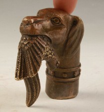 VICTORIAN OLD BRONZE HAND CARVED RARE DOG BITE BIRD STATUE WALKING STICK HEAD
