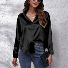 Women's Satin Silk Button-Up Dress Shirt OL Work Ladies V Neck Lapel Blouse Tops