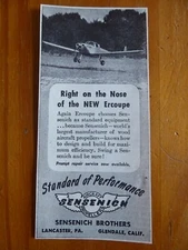 1/1946 PUB SENSENICH AIRCRAFT PROPELLER ERCOUPE PLANE ORIGINAL AD