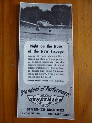 1/1946 PUB SENSENICH FLUGZEUG PROPELLER ERCOUPE FLUGZEUG ORIGINAL ANZEIGE