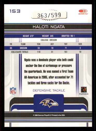 2006 Donruss Gridiron Gear #153 Haloti Ngata RC /599 - Picture 2 of 2