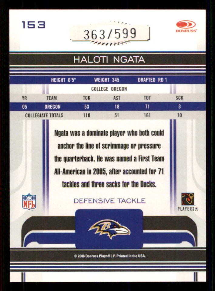 2006 Donruss Gridiron Gear #153 Haloti Ngata RC /599 - Image 2 of 2