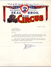 Seal Bros. 3 Ring Circus Letterhead 1950 Bud E. Anderson Elephants Heart Scarce
