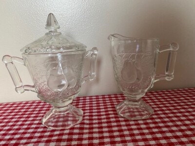 Vintage 1950's JEANETTE BALTIMORE PEAR Clear Glass pedestal CREAM SUGAR LID SET