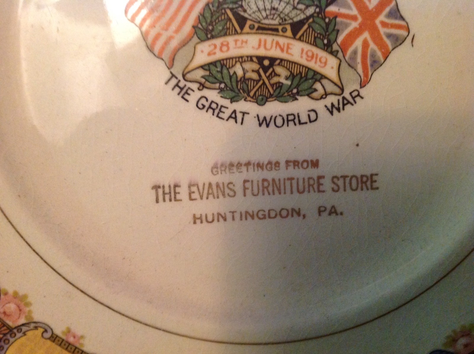 Evans Furniture Store. Huntingdon, Pa. 1920 Calendar Plate Victory W.W