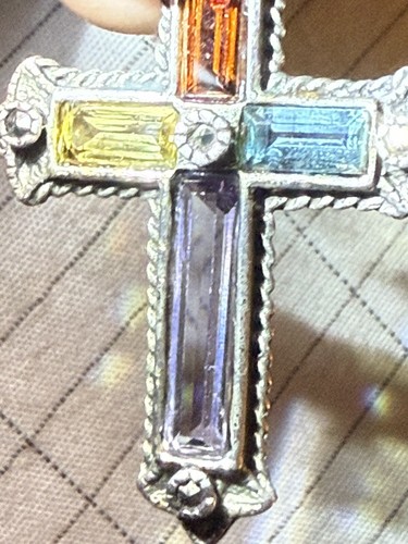 Vintage Beautiful Sterling Silver Colored Cut Glass Cross + Italian Box Chain - Picture 5 of 16