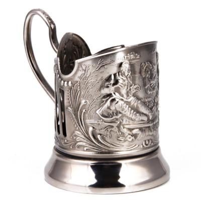 Nickel Plated Tea Glass Holder with Hunters.Russian Podstakannik Подстаканник