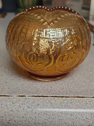 Antique Fenton Persian Medallion Marigold Carnival Ball Shaped Rose Glass Bowl.