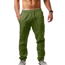 Mens Cotton Linen Trousers Breathable Loose Fit Joggers Beach Summer Casual Wear