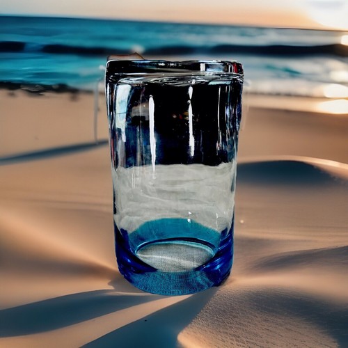 RARE CLASSIC MEXICAN AQUAMARINE Hand Blown 14oz Bubbles Rocks Tumbler Glass - Picture 5 of 9