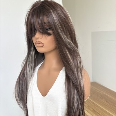 Long Straight Synthetic Hair Costume Wig With Bangs Natural Mixed Brown blonde