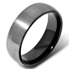 8mm Black  Silver Tungsten Ring Brushed Dome Mens Wedding Band