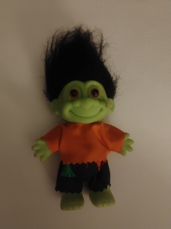 Vintage Troll Doll Russ Halloween Frankenstein Green Body, Black Hair patches