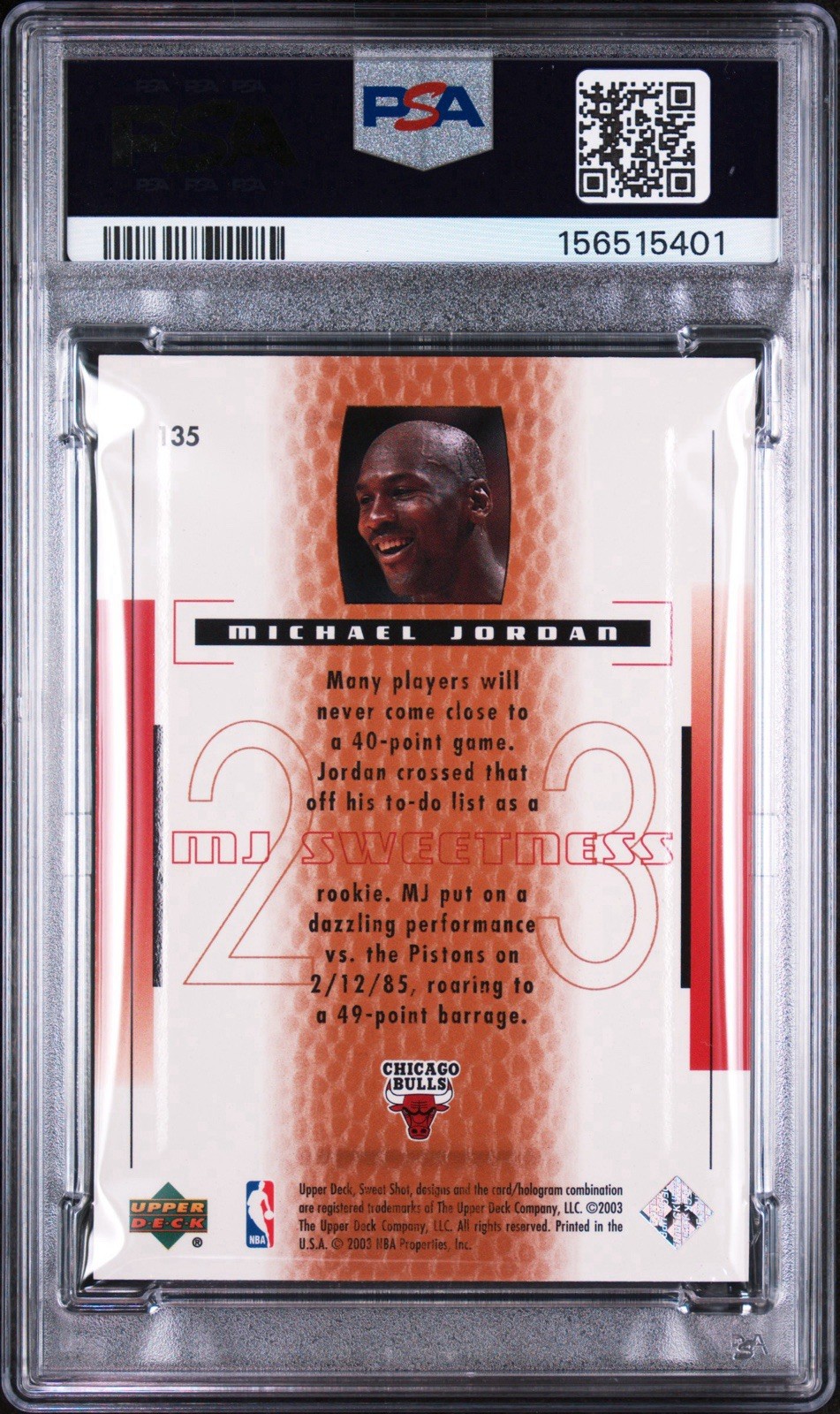 🔥PSA 9 MICHAEL JORDAN 2003 Upper Deck UD SWEET SHOT #135 /799-LOW POP Serial #d view 2