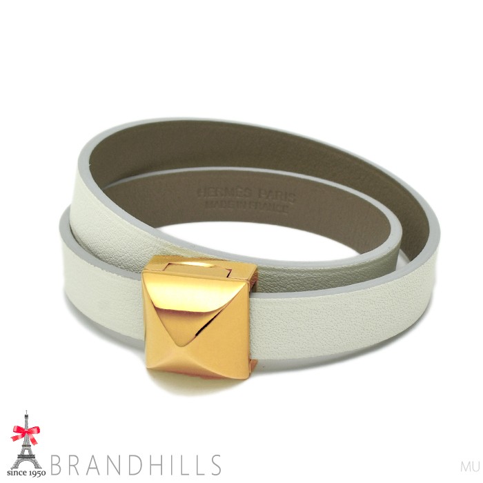 Hermes Medor Unifini Double Tour Swift White Etoupe Bracelet T2 A Stamp HERMES E
