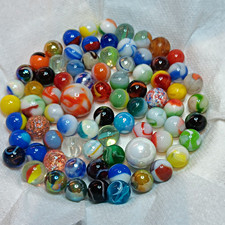 Mixed Lot Glass Marbles 75 Assorted Colors  sizes Machine Made. New and old