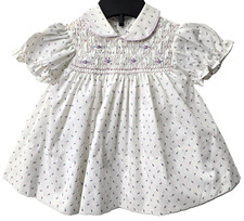 Vintage Smocked Easter Dress 18 month Baby Ditsy Floral Purple Rose Buds 80s