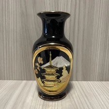 The Art of Chokin Black Vase 24K Gold Edging Pagoda & Mountains 6” Tall